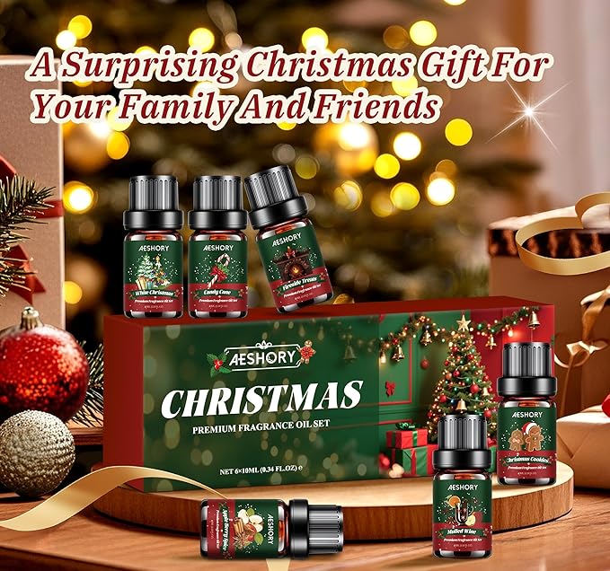 Christmas Fragrance Oil Set, 6 Premium Winter Essential Oils for Diffuser, Scented Oils Gift for Soap & Candle Making, Candy Cane, Fireside Treats, Apple Spice, Mulled Wine, White Christmas, Cookies