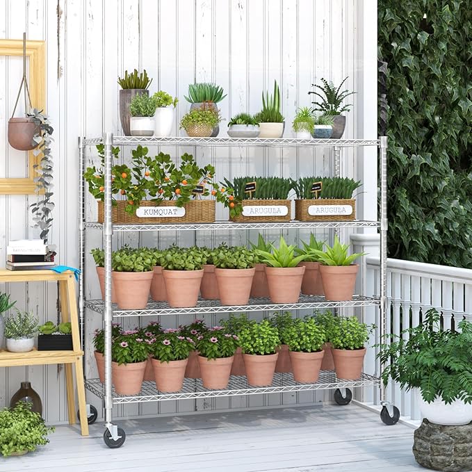 Himimi 72" H Storage Shelves 4 Tier Metal Shelving Adjustable Wire Shelf with Wheels, Heavy Duty Shelving for Garage Kitchen Pantry Bathroom Laundry,18" D*48" W*72" H, Silver