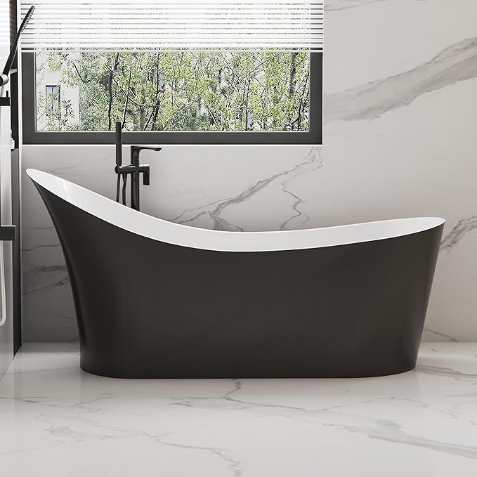 55" Black Modern Free Standing Soaking Slipper Bathtub, WHALEKING Luxury Stand Alone Deep Acrylic Hot Tub with Chrome Overflow & Drain,