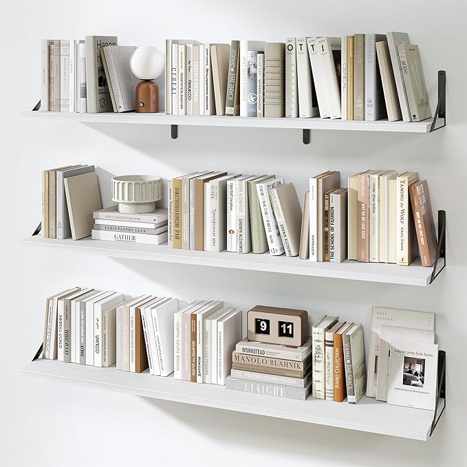 Fun Memories Extra Long Floating Wall Shelves, 48 x 8 Inches, Set of 3 Large Wood Floating Bookshelves with Metal Brackets for Storage & Display (White)
