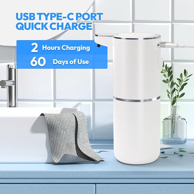 Automatic Foaming Soap Dispenser,Touchless Foam Soap Dispenser,12.8oz Rechargeabled Wall Mounted Smart for Bathroom and Kitchen Dish Soap,Easy for Toddlers(White)