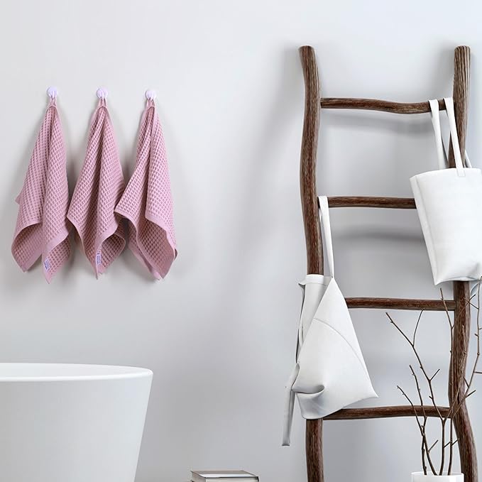 PÜSKÜL Organic Waffle Kitchen Towel 100% Turkish Cotton Set of 3 Pink - Premium Quality, Soft, Quick-Dry, Absorbent, Lint-Free Hand Towels 32X16 Inches (3, Pink Powder)