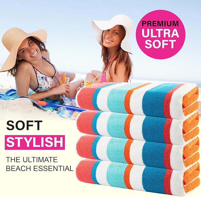 CASA COPENHAGEN Bora Bora Beach Towels Designed in Denmark Rough and Tough, Quick Dry, for Pool, Bath & Shower 30x60 inches 4 Pieces Cotton Beach Bath Towels Set - Turquoise
