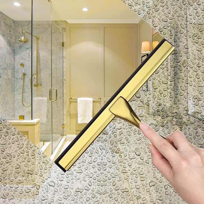 HIWARE All-Purpose Shower Squeegee for Shower Doors, Bathroom, Window and Car Glass - Brass, Stainless Steel, 10 Inches