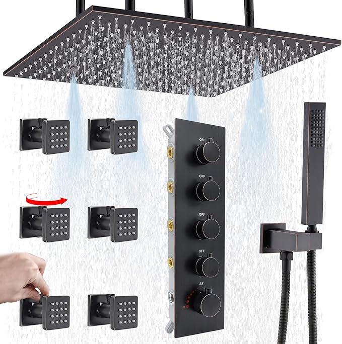 Ceiling Rain Shower System(All Functions Can Run Together)with on-off Full Body Jets, Oil Rubbed Bronze Thermostatic Shower System with 16 Inch Rain & Fog Overhead Shower & Handheld Spray Kit
