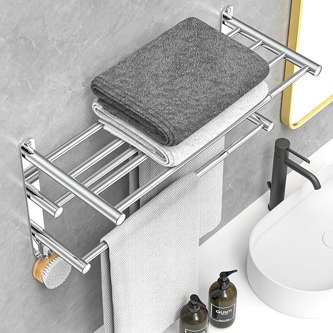 Adjustable Towel Bar for Bathroom Wall Mount17-30.7inch Adhesive Shower Towel Rack Stainless Steel Bath Towel Holders for Toilet Kitchen Double Towel Hanger (3-Layer Towel Rack)