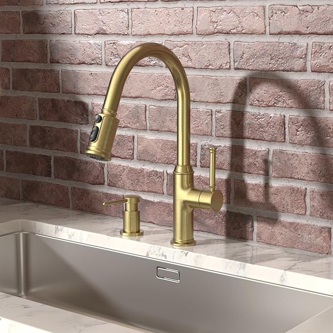 Lava Odoro Gold Soap Dispenser for Kitchen Sink, Modern Brass Built in Countertop Pump Dispenser with 18 Oz Refillable Bottle, Kitchen Soap and Lotion Dispenser Spot-Free, Brushed Gold, KSD-21