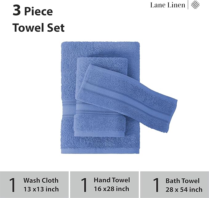LANE LINEN Luxury Bath Towels Set - 3 Piece Set, 100% Cotton Bathroom Towels, Zero Twist, Quick Dry Shower Towels, Soft & Absorbent Bath Towel, 1 Bath Towel, 1 Hand Towel, 1 Washcloth - Cerulean Blue