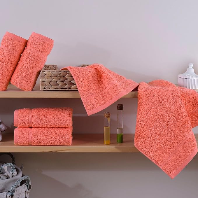 Hawmam Linen Luxury Cotton Washcloths 13x13 Inch - Large Hotel Spa Bathroom Face Towel | 12 Pack | Coral Orange