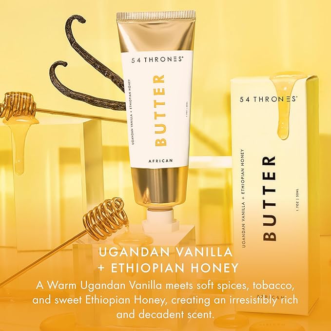 54 Thrones African Beauty Shea Butter, Intensive Dry Skin Support, Moisturizing Body Butter for Women, Moisturizing Body Balm and Cream, Locks in Moisture, Ugandan Vanilla + Ethiopian Honey, 1.7 oz
