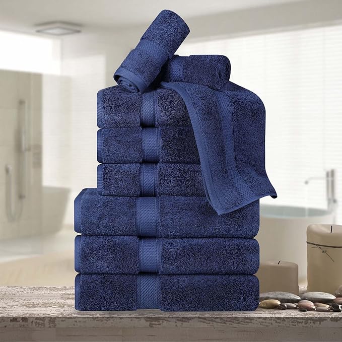 Superior Egyptian Cotton Pile 9 Piece Towel Set, Includes 3 Bath, 3 Hand, 3 Face Towels/Washcloths, Ultra Soft Luxury Towels, Thick Plush Essentials, Guest Bath, Spa, Hotel Bathroom, Navy Blue