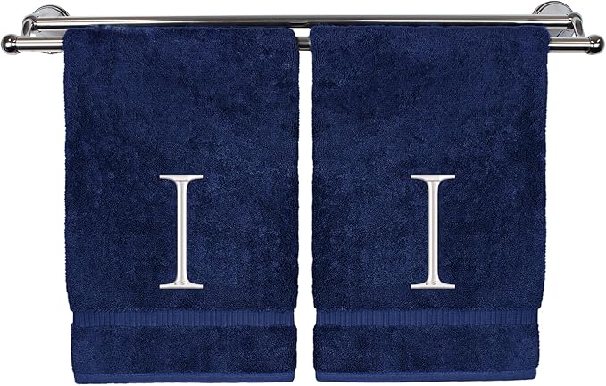 Monogrammed Hand Towel, Personalized Initial Gift, Extra Absorbent 100% Turkish Cotton - Soft Terry Finish - Set of 2 - White Block Initial I - Embroidered on Navy Blue Towels