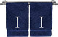 Monogrammed Hand Towel, Personalized Initial Gift, Extra Absorbent 100% Turkish Cotton - Soft Terry Finish - Set of 2 - White Block Initial I - Embroidered on Navy Blue Towels