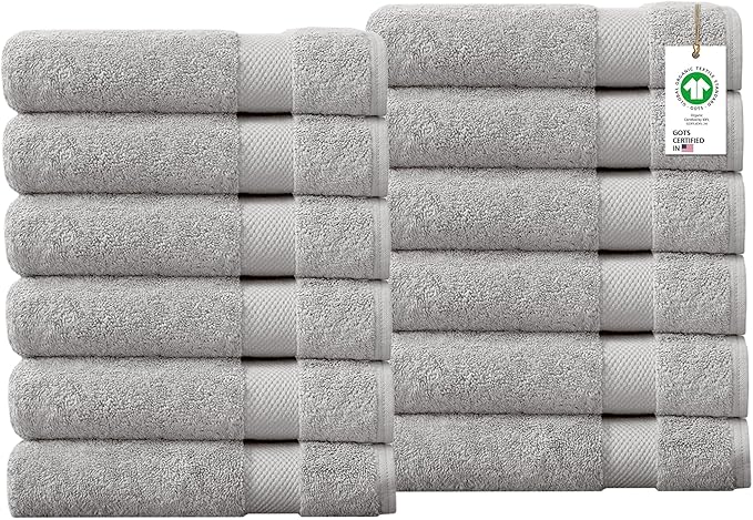 Delara 100% Organic Cotton Towels 650 GSM Plush Feather Touch Quick Dry Wash Cloth, Pack of 12 GOTS Certified, Oeko-Tex Green Certified, Organic Cotton Wash Cloth, 13"X13"