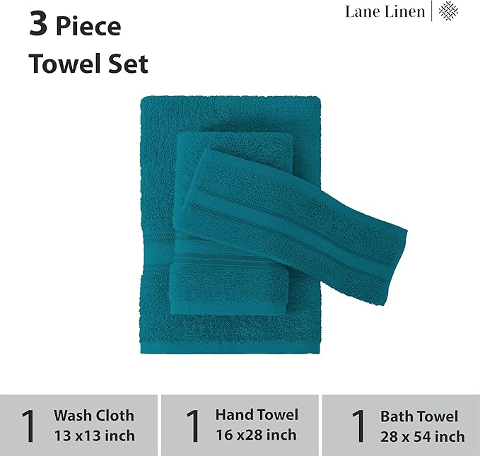 LANE LINEN Luxury Bath Towels Set - 3 Piece Set, 100% Cotton Bathroom Towels, Zero Twist, Quick Dry Absorbent Bath Towel, Super Soft, 1 Bath Towel, 1 Hand Towel, 1 Wash Cloths - Sea Port