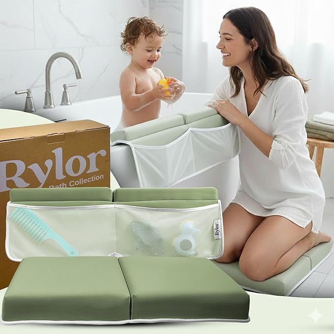 Rylor Baby Bath Kneeler & Elbow Rest Pad - Ultra Thick Foam Cushion for Bathing Infants & Toddlers - 26'' Extra Long and 2.4'' Thick - Non-Slip, Comfortable Support (Green)