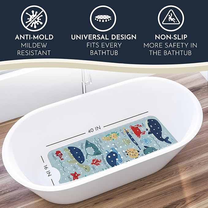 Bath Tub Mat Non Slip Anti Mold for Kids BPA Free INCL Hooks - homerella® Ocean Sea Animals 40x16, Baby Bath Mat Non Slip 200 Suction Cups, Non Toxic Machine Washable Toddler Bath Mat, EU Certified