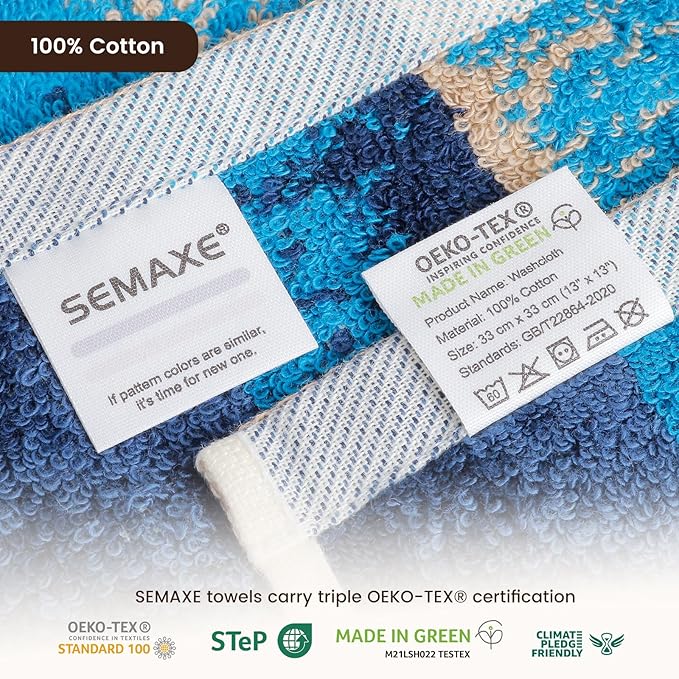 SEMAXE 100% Cotton Washcloths 12-Pack, 13 × 13 Inch Soft Luxury Face Towels – Super Absorbent & Quick-Dry, Premium Cloth with Hanging Loop, Oeko-TEX Certified, Gift-Ready Box