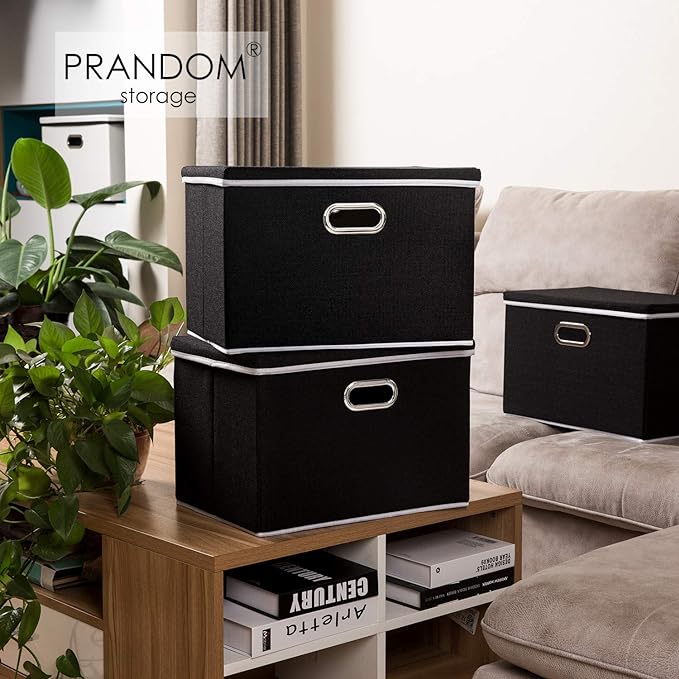 PRANDOM Large Foldable Storage Box with Lid [1-Pack] Fabric Collapsible Storage Bin Organizer Container Basket Cube with Cover for Home Bedroom Closet Office Nursery Black (17.7x11.8x11.8)