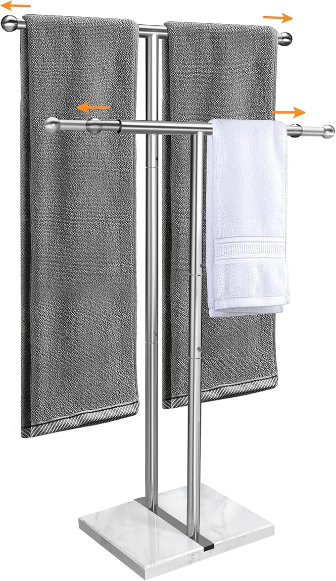 Kayfia 40" Standing Towel Rack with Weighted Marble Base, Width Adjustable & Taller Bathroom Towel Rack Stand, 2-Tier Towel Racks for Bathroom, Multiple Spaces Stainless Steel Brushed Finish