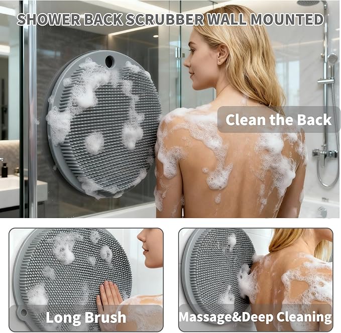 2 Pack Shower Foot Scrubber & Shower Back Scrubber Wall Mounted with Delicate Brush,Gentle Exfoliation Silicone Foot Scrubber for Shower,Non-Slip Back Washer for Shower(Grey and Grey)