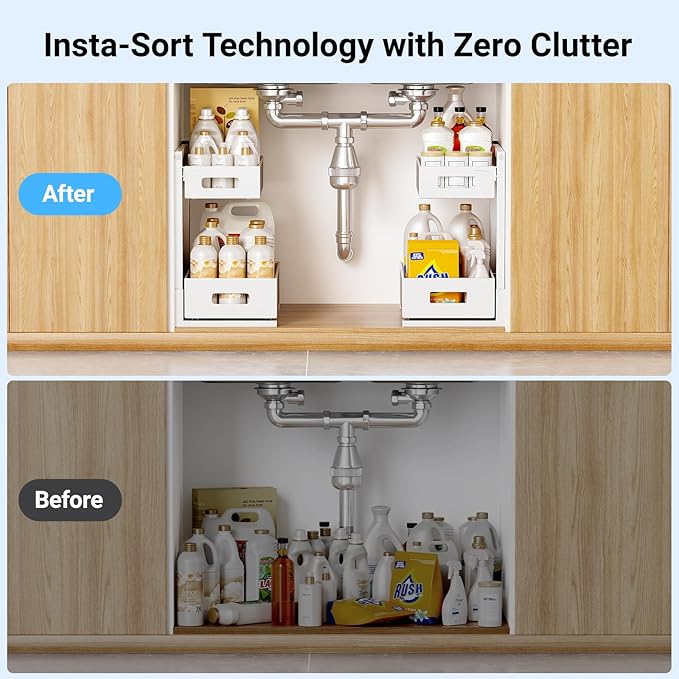 Pull-out Under Kitchen Sink Organizer, Metal Functional Under Sink Organizer, Height Adjustable Under Bathroom Sink Organizer, Under Sink Storage for Kitchen Bathroom Cabinet (White)