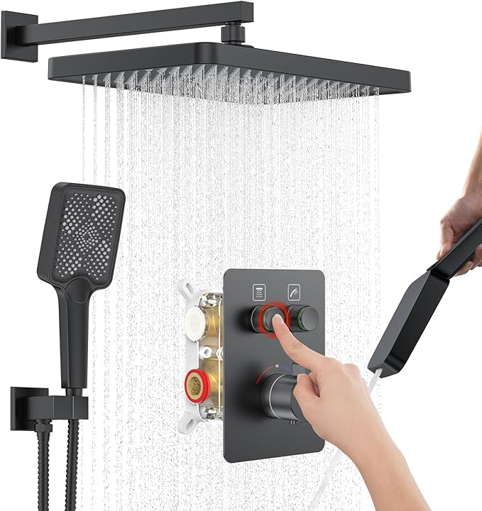 Thermostatic Shower System 13-Inch Rainfall Shower Head - 3 Setting Handheld Sprayer, Complete Bathroom Set with Faucet Mixer Trim Kit & Valve Matte Black