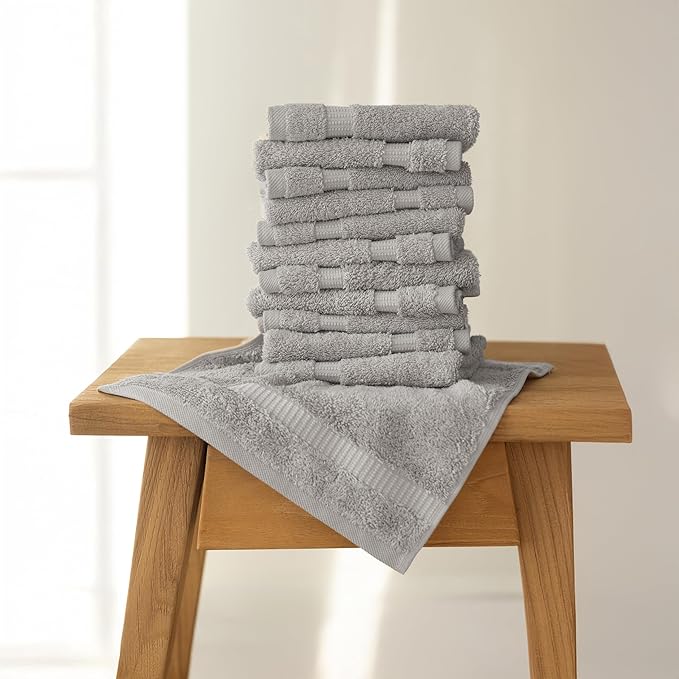 SALBAKOS 100% Turkish Cotton Washcloth Set of 12 13x13 inch | Heirloom Quality | Hotel & Spa Collection | Ultra Soft, Super Absorbent, Wash Cloth Towels | Made in Turkey (Silver 12 Pcs Washcloth)