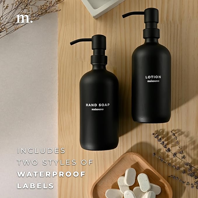MaisoNovo Soap Dispenser 2-Piece Set | 16.9oz Black Bottles with Black Stainless Steel Pumps