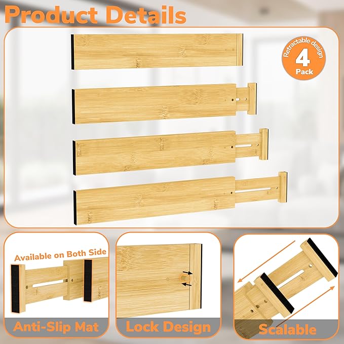 BAMEOS 3" H Large Bamboo Drawer Dividers Adjustable Drawer Organization Expandable Utensil Organizers for Kitchen Dresser Bathroom Bedroom and Office 4-pack