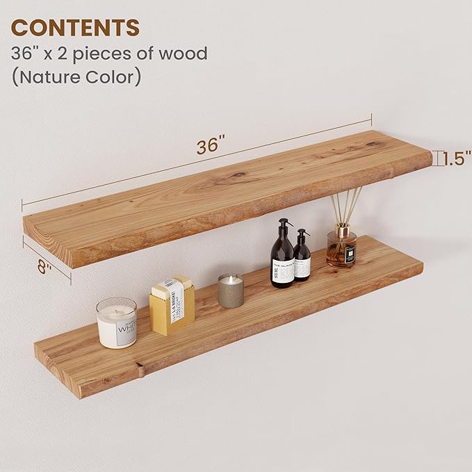 Floating Shelves for Wall Decor, Rustic Solid Elm Wood Live Edge Floating Shelves Wall Mounted, Wall Shelves with Invisible Bracket for Living Room Bathroom Bedroom Kitchen, 36 Inch Set of 2, Natural
