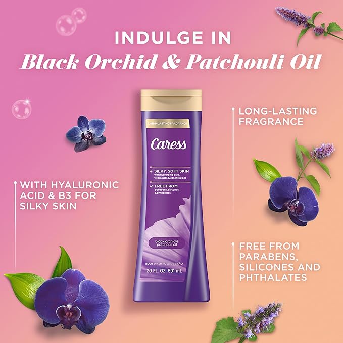 Caress Body Wash Black Orchid & Patchouli Oil To Relax and Recharge Relaxing, Fragrant Body Soap 20 fl oz, Pack of 4