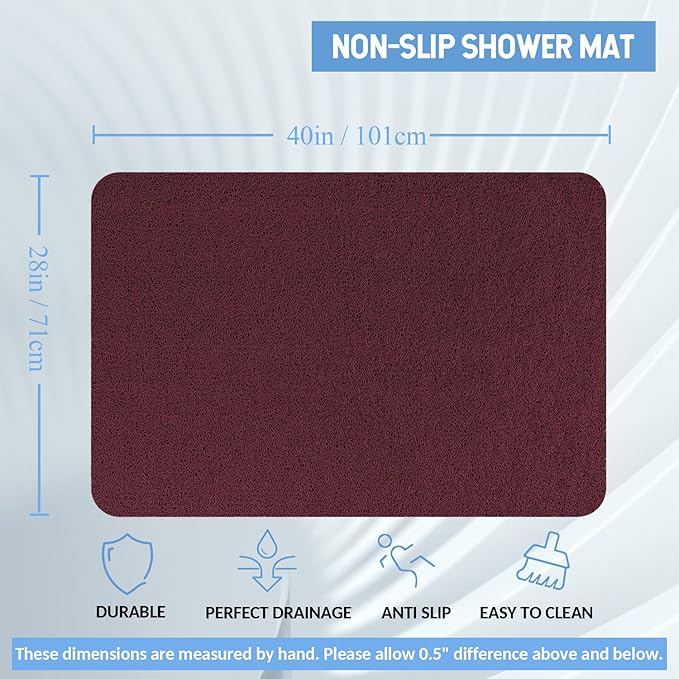 Non-Slip Bathtub Mat, Anti Slip Shower Mat, Fast Drying Bathtub Mats, Foot Scrubber Mat, Anti Slip Mat for Tub, Floor, Bathroom, Kitchen, Home, Hotel (Wine Red 40"×28")