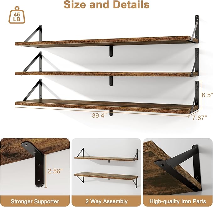 Fun Memories Long Wall Shelves for Bedroom, Set of 3 Large 40-Inch Floating Bookshelves, Rustic Wood Display Shelf for Home and Office (Rustic Brown)