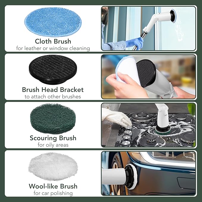 Electric Power Spin Scrubber - Cordless Cleaning Brush with 7 Replaceable Brush Heads - 3 Speed with Flashlight - Adjustable and Extendable for Cleaning Tile Grout Bathtub Window Kitchen Floor