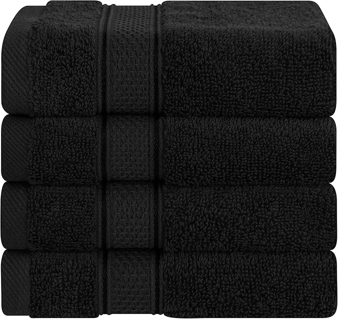American Soft Linen Salem Washcloth Sets, 4 Piece Luxury 600 GSM 100% Cotton Washcloths for Bathroom, 13x13 inches Washrags Premium Quality Hand Face Towels, Black