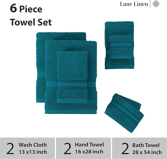 LANE LINEN Luxury 6-Piece Bath Towel Set - 100% Cotton, Quick-Dry, Super Absorbent, Zero Twist - Includes 2 Bath Towels, 2 Hand Towels, 2 Washcloths - Sea Port