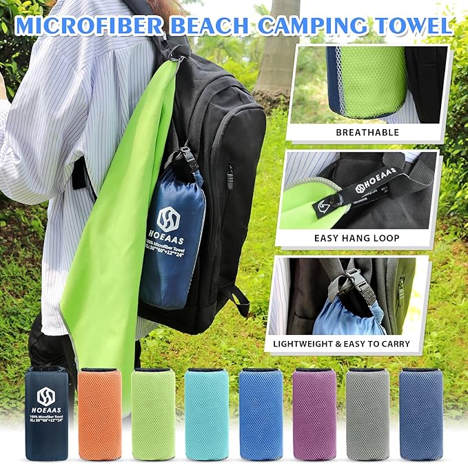 HOEAAS 2 Pack Microfiber Camping Towels, Quick Dry Towel, Super Absorbent Ultra Compact Travel Towel Soft Lightweight Sports Towel for Sweat Fast Drying Towels for Pool,Gym,Hiking,Backpacking,Fitness