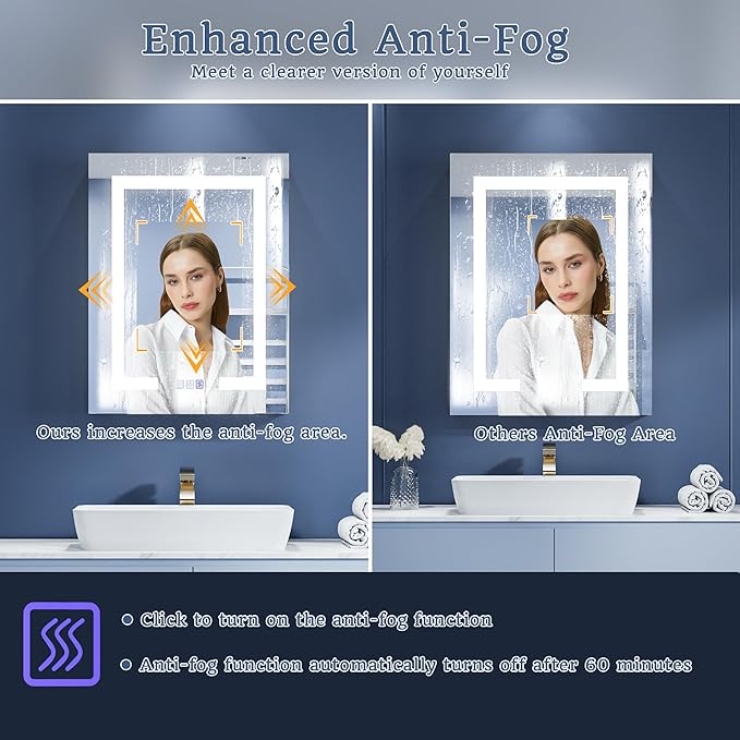 ExBrite Lighted Medicine Cabinet with Mirror, 20 x 26 Inch, Recessed or Surface led Medicine Cabinet, Defog, Stepless Dimming,Color Temperature Change,2 Outlets,Built-in 6000K Sensor Light,Right Hinge