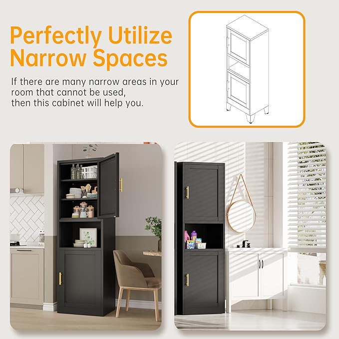 Tall Narrow Storage Cabinet 66.93" H Tall Bathroom Cabinet Metal Pantry Cabinets, 4 Adjustable Shelves for Kitchen, Home Office, Living Room, Dinning Room (20 inches Wide Black)
