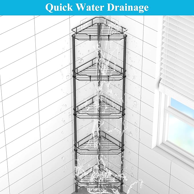 5 Tier Floor Standing Corner Shower Caddy Organizer Shelf with Hooks, Bathroom Shelves Stand Rack, Matt Black