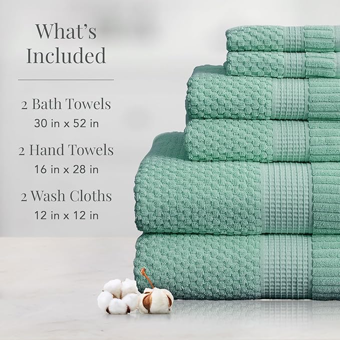 NY Loft 100% Cotton Towel Set 6 Piece | Super Soft & Absorbent Quick-Dry 2 Bath Towels 2 Hand Towels & 2 Washcloths |Textured and Durable Cotton | Trinity Collection (6 Piece Set, Wasabi Green)