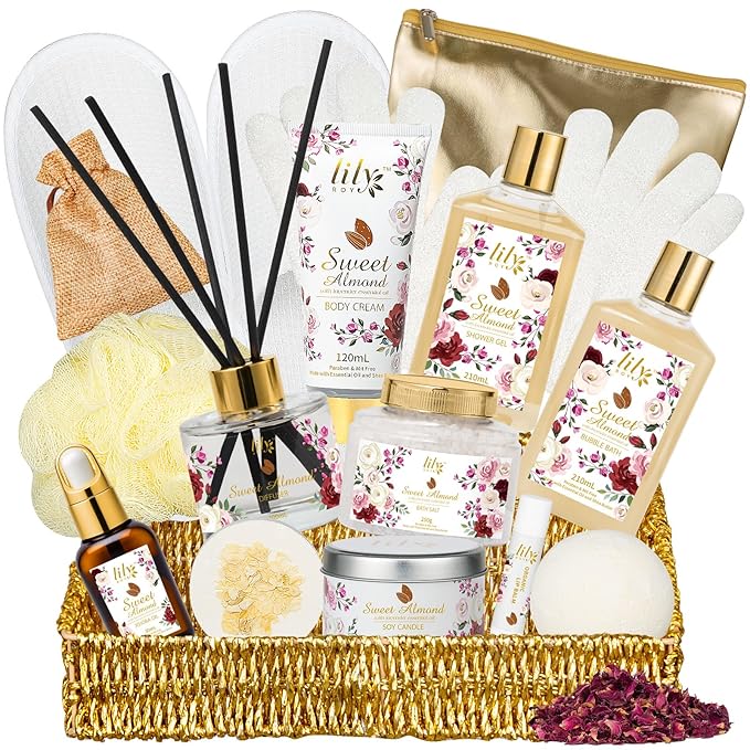 Christmas Spa Gift Basket Set for Women 17-Piece Almond Luxury Spa Gift Set Bath & Body Care Kit with Shower Gel, Body Cream | Valentine's, Mothers Day Gifts for Mom, Birthday Gifts for Her, Wife, Mom
