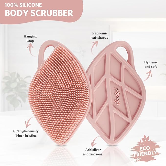 Sndyi Silicone Body Scrubber, Gentle Exfoliating Body Scrubber for Sensitive Skin, Leaf Shaped Shower Scrubber for Body with Lathering Bristles, Silicone Loofah Body Brush for Showering, Pink