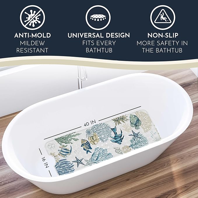 Homerella Baby Bath Tub Mat | Anti Mold Mildew Resistant Non Slip Kids and Adult Bath Tub Shower Mats | 40x16 inch Long with Suction Cups for Secure Grip Hooks for Storage & Drying | Machine Washable
