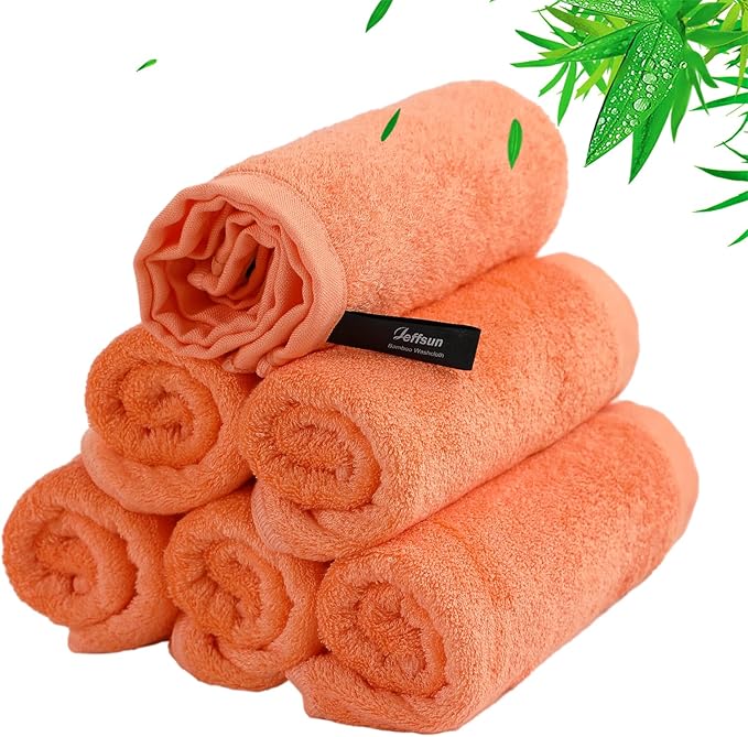 Face Towels 6 Pack, Extra Large 13x13 inch Orange Wash Cloths for Face and Body, Super Soft and Absorbent Bath Washcloths on Sensitive Skin, Easy to Clean Quick Dry Facial Cleaning Cloths with Loop