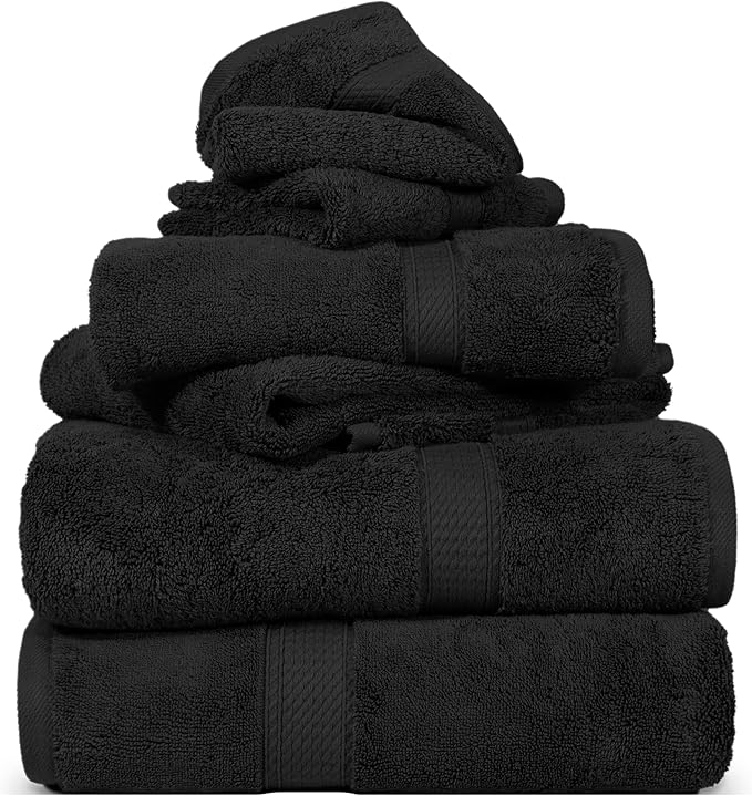 Superior Egyptian Cotton Pile 6 Piece Towel Set, Includes 2 Bath, 2 Hand, 2 Face Towels/Washcloths, Ultra Soft Luxury Towels, Thick Plush Essentials, Guest Bath, Spa, Hotel Bathroom, Black