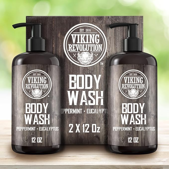 Viking Revolution Men's Body Wash - Eucalyptus Peppermint Body Wash for Men - Mens Natural Body Wash with Vitamin E and Rosemary Oil - Mens Shower Gel Liquid Soap - Peppermint Mens Bodywash (2 Pack)