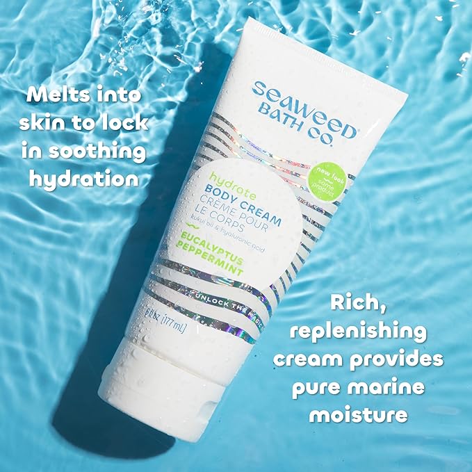 Seaweed Bath Co. Hydrate Body Cream, Eucalyptus Peppermint Scent, 6 Ounce, Nourishing Hand & Body Lotion Moisturizer for Dry Skin, with Sustainably Harvested Seaweed, Kukui Oil, Hyaluronic Acid