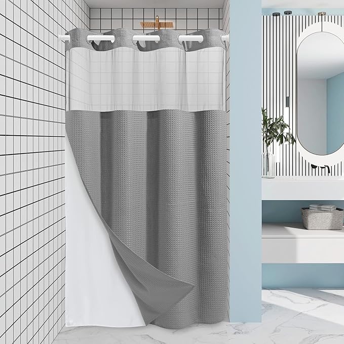 Stall No Hook Shower Curtain with Snap in Liner,230GSM Waffle Weave Shower Curtains for Bathroom,60W x 74H,Grey